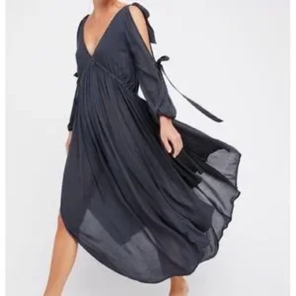 NWT Free People Dark Blue Tie Sleeve Draped Bohemian Dress